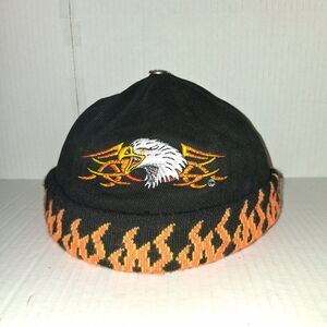 Biker Style Denim/Knit Cap Beanie by Capsmith Inc. Eagle and Flames Black Orange